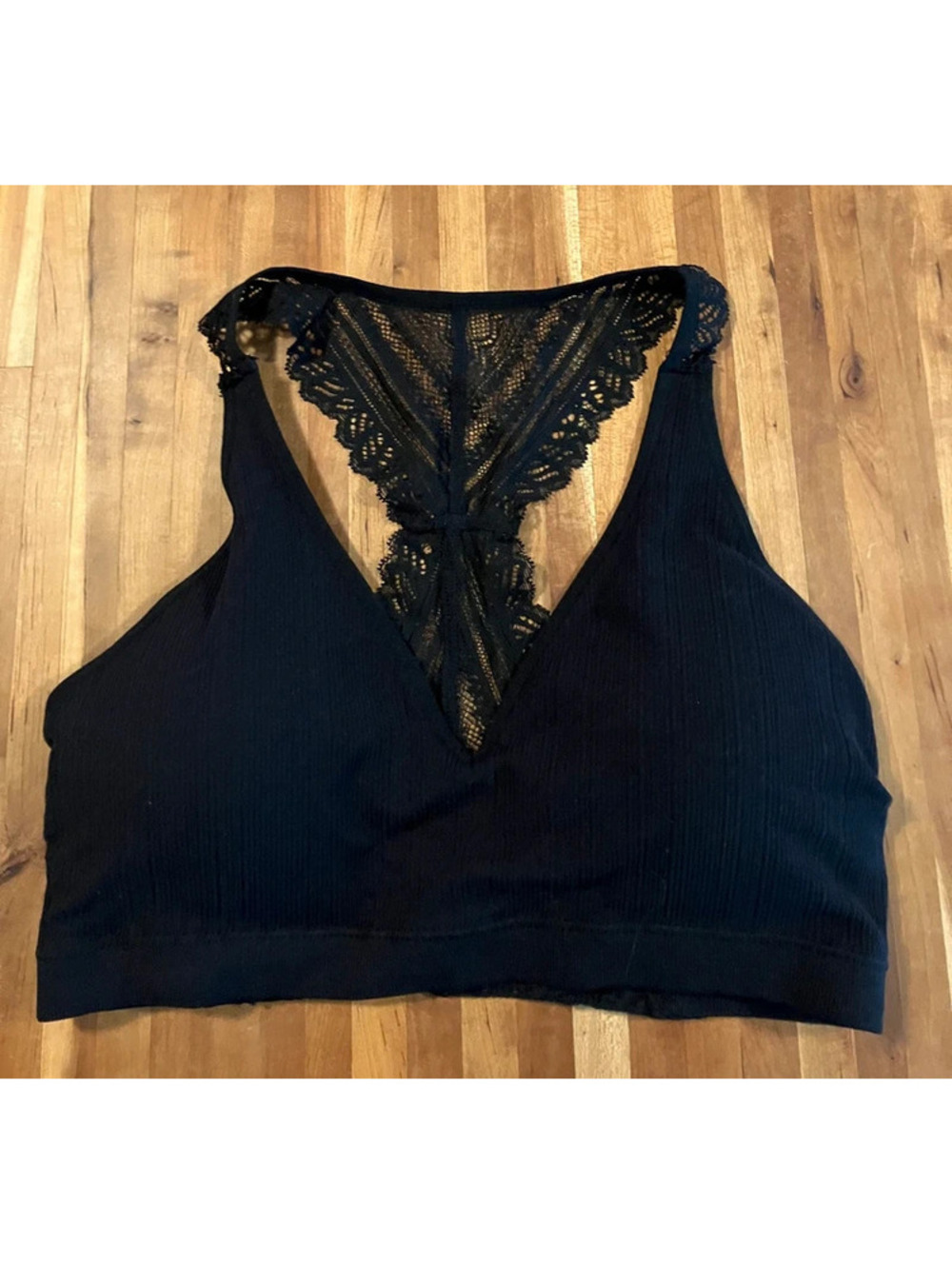 Black Ribbed Lace Racerback Bralette L Wireless Longline Bra Seamless